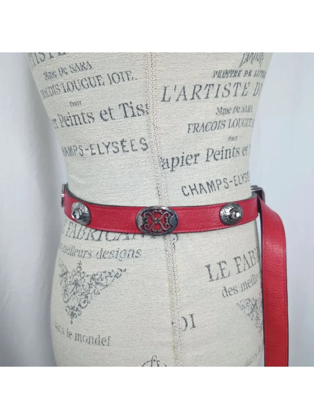 Vintage 90s Red Western Belt Small Streets Ahead Leather Silver